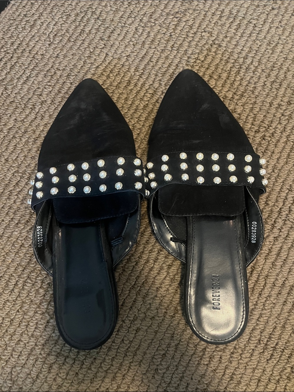 Forever 21 Black Pearl Pointed-Toe Flat Slip-On Mules